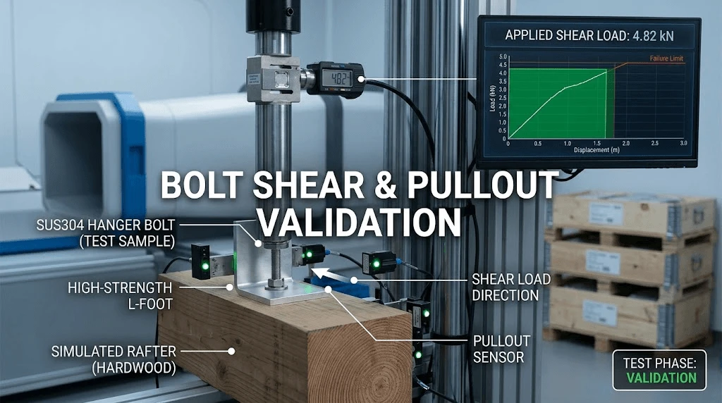 Mechanical testing rig measuring bolt shear resistance and pullout load paths for typhoon-rated commercial solar mounting structures Mechanical testing rig measuring bolt shear resistance and pullout load paths for typhoon-rated commercial solar mounting structures
